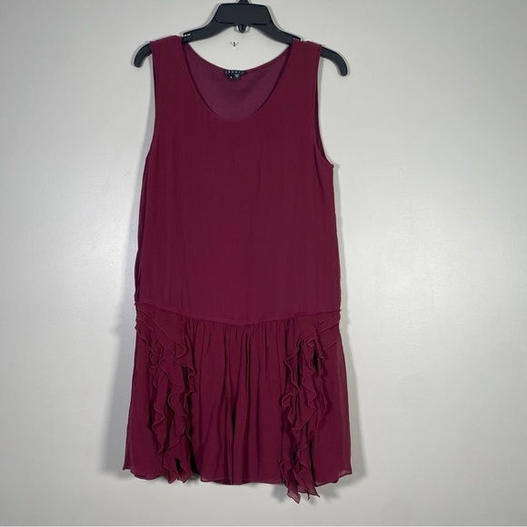 Theory Rinoe Georgette Silk Bordeau Ruffle Drop Waist Sleeveless Dress 8 - Picture 4 of 8
